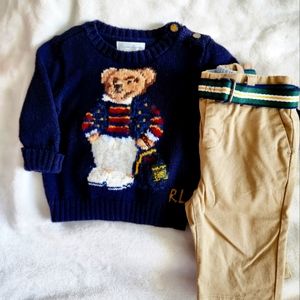 Ralph Lauren teddy bear knitted sweater  with ralph lauren khaki pants and belt